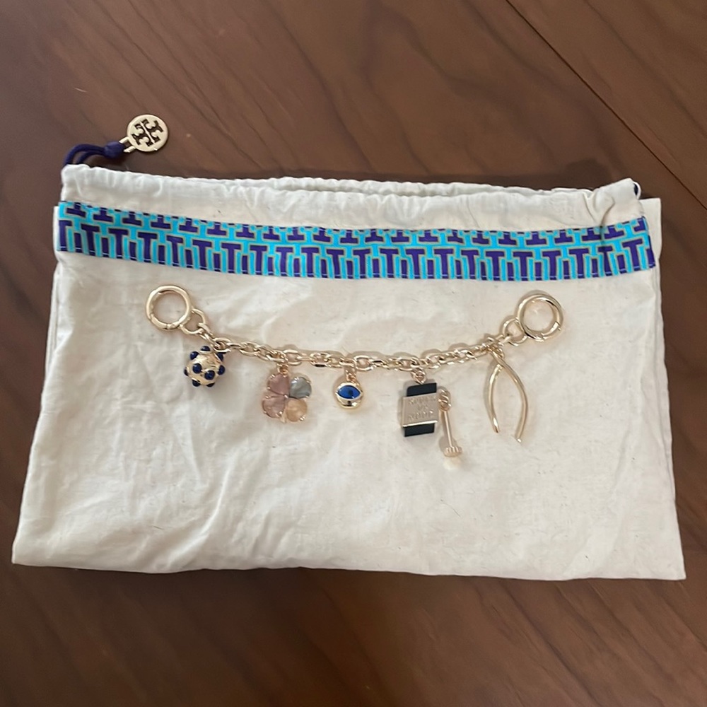 Tory Burch White Pouch with Blue Accent and Gold Charm Chain